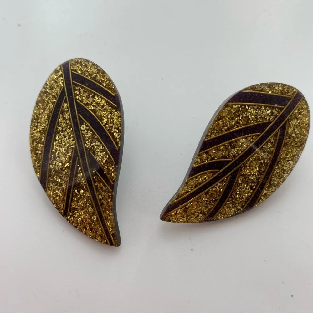 Gold and Brown Leaf Earrings Enamel Sparkly Pierced Post Autumn Fall